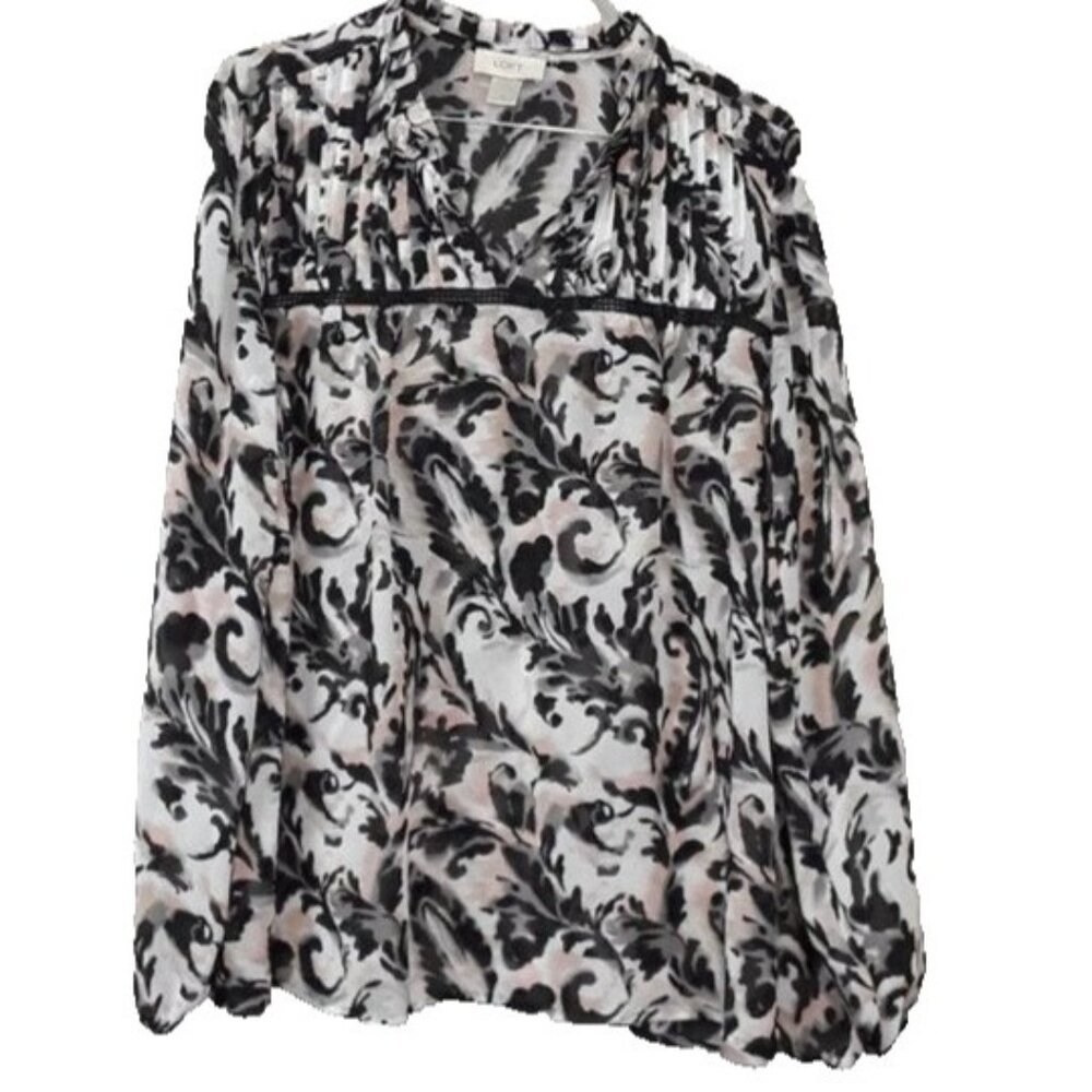 LOFT Ann Tyalor Womens Blouse Top Medium Paisley Ruffled Long Sleeve BOHO Casual